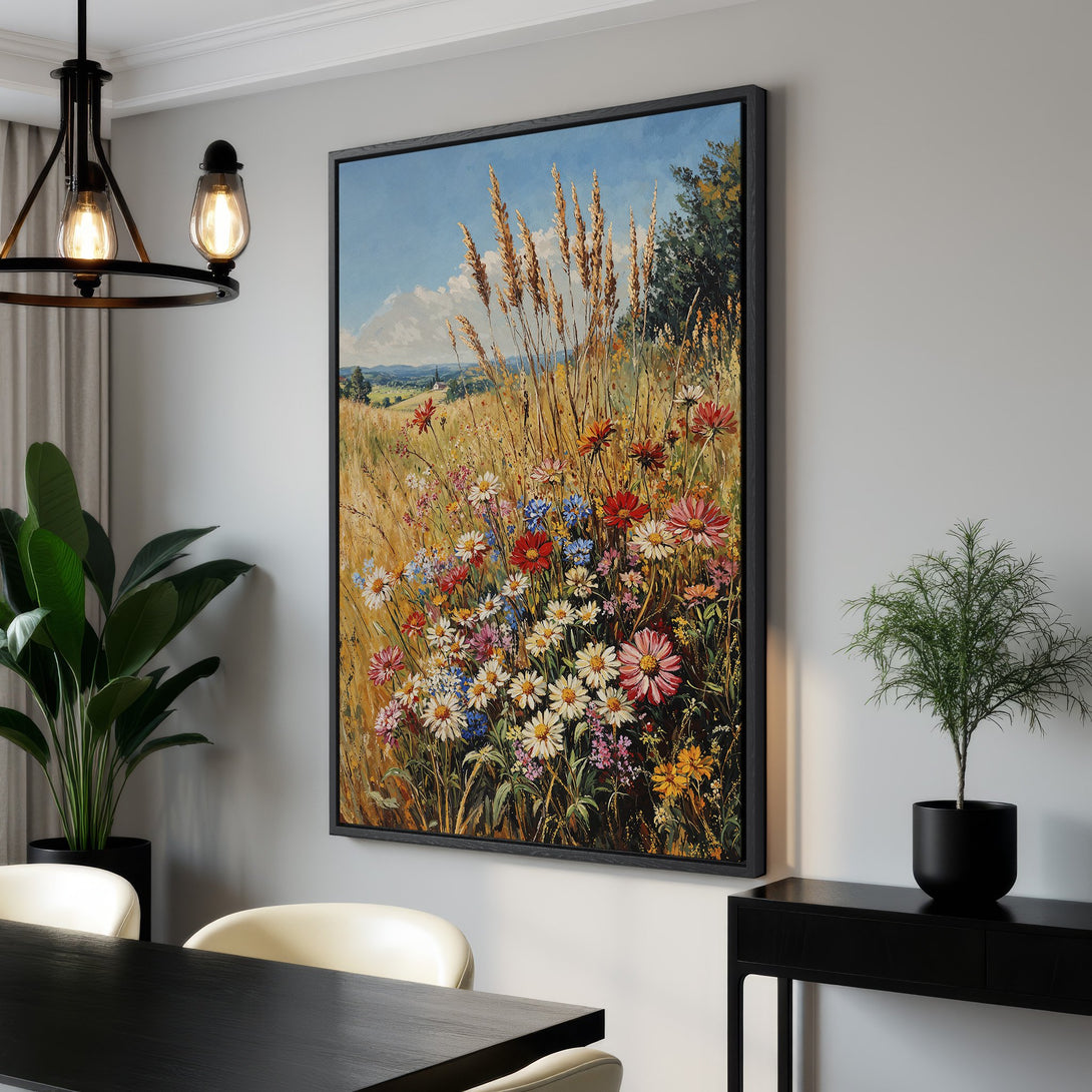 Framed Wall Art featuring a vibrant field of wildflowers with a warm, earthy color palette. Perfect for adding a touch of nature-inspired beauty to any space.