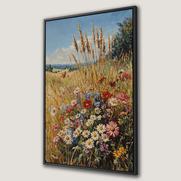 Framed Wall Art of a vibrant wildflower meadow in a classic, impressionistic style. Warm, earthy tones with pops of red, blue, and yellow. Perfect for any space!