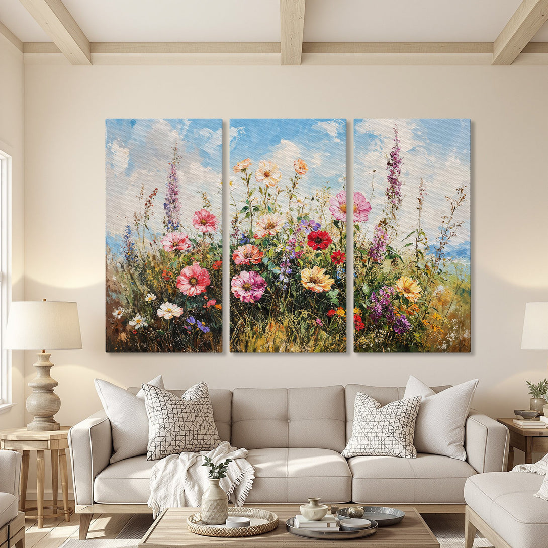 Canvas Print of vibrant floral artwork in a living room. Impressionistic style with a colorful palette of pinks, yellows, and blues. Perfect wall decor!