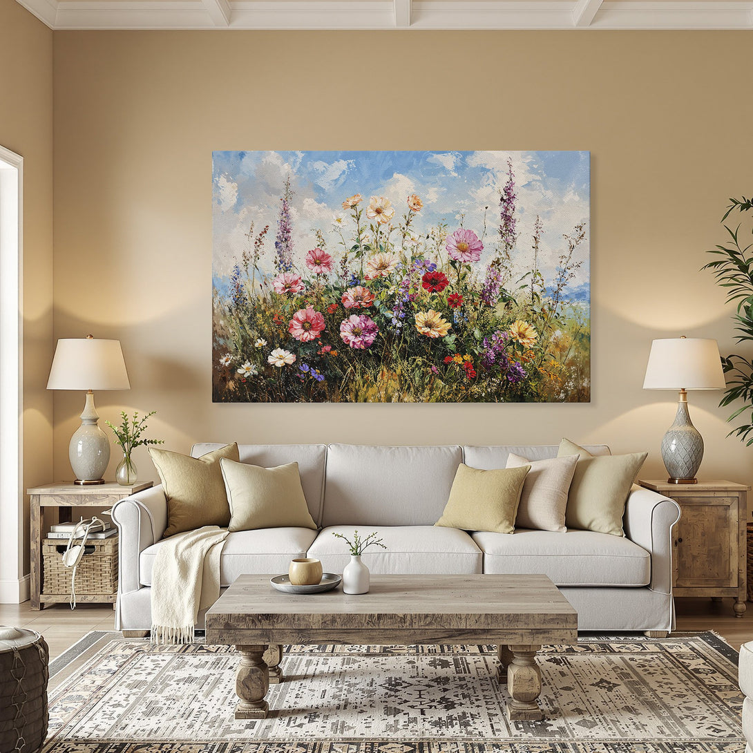 Framed Wall Art: Vibrant floral canvas print in a dining room setting. Features colorful flowers against a blue sky, perfect for home decor.