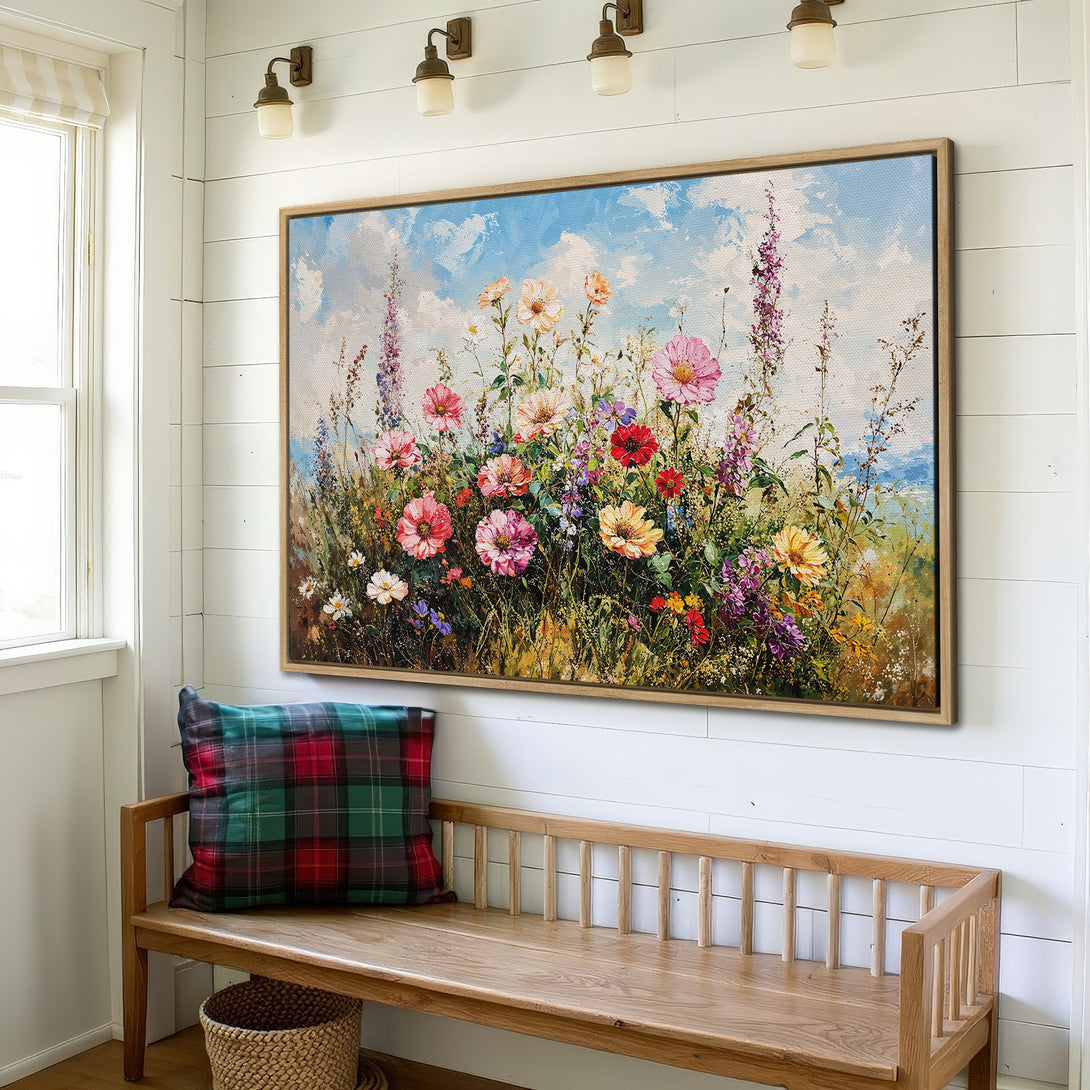 Framed Wall Art: Vibrant floral Canvas Print in a bright, colorful palette. Perfect for adding a touch of nature and art to your home decor.