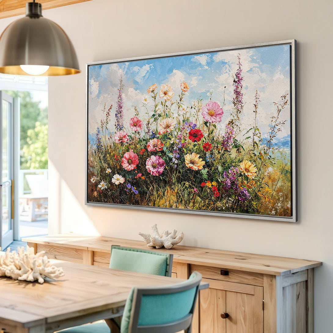 Framed Wall Art: Impressionist floral painting with vibrant colors. Canvas print featuring a colorful wildflower meadow, perfect for adding a touch of nature.