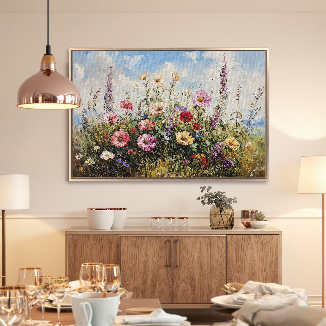 Framed Wall Art: Vibrant floral painting with a colorful palette. Perfect for adding a touch of nature and elegance to your dining room. Shop now!