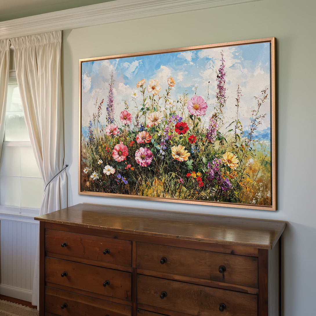Framed Wall Art: Vibrant floral Canvas Print with a colorful palette of pinks, yellows, and blues, perfect for adding a touch of nature to your home.