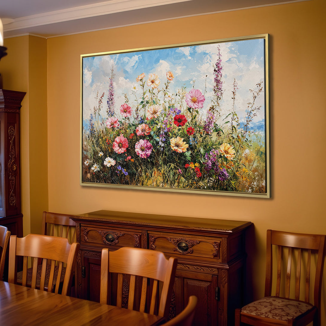 Canvas Print of colorful wildflowers in a living room. Impressionistic style with vibrant pink, yellow, and blue hues. Perfect wall art for any home.