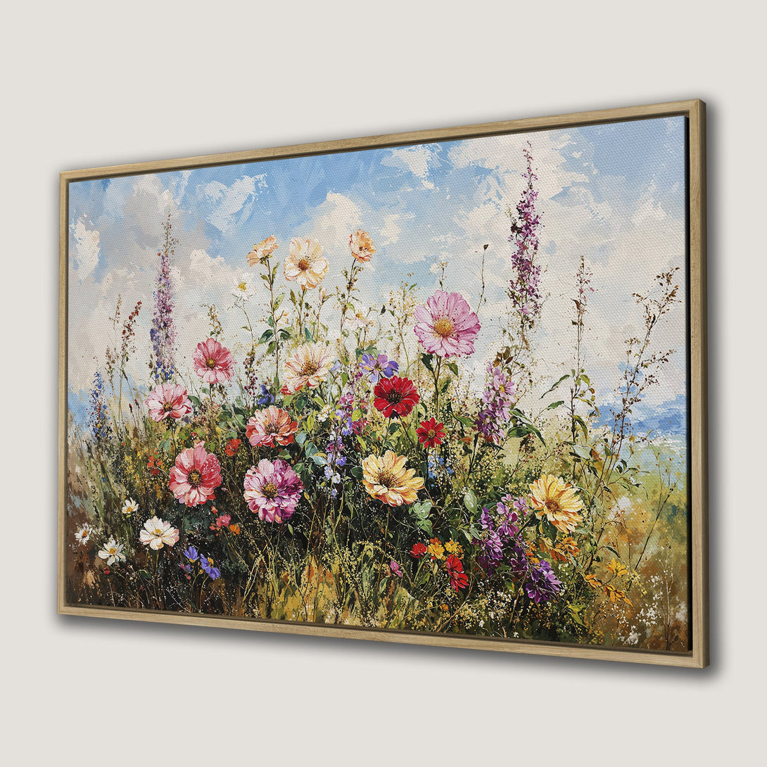 Framed Wall Art: Impressionistic floral painting with vibrant blooms in pinks, yellows, and purples against a blue sky. Adds a touch of nature!