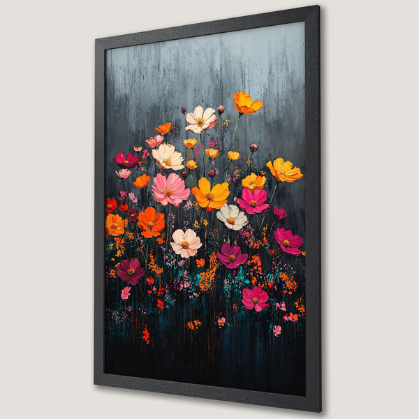Framed Poster featuring vibrant floral art in a modern style with a dark, moody background and a colorful palette. Perfect wall decor!