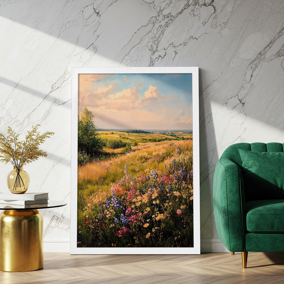 Framed Poster featuring a vibrant landscape painting with wildflowers, in warm, natural tones. Perfect for adding art and color to your home.