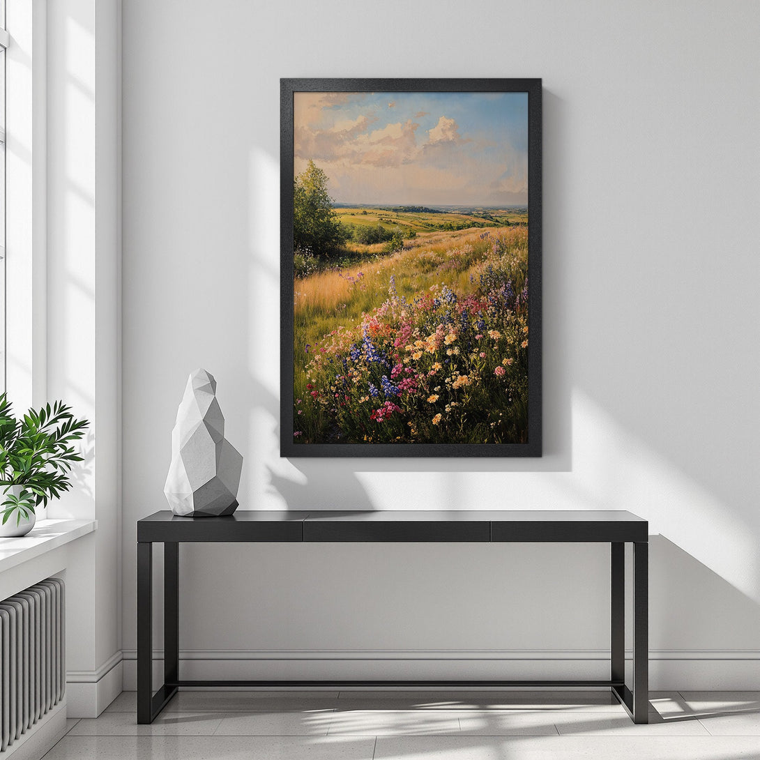 Framed Poster of a vibrant wildflower meadow. Impressionist style, featuring a warm color palette of blues, greens, and pinks. Perfect wall art!