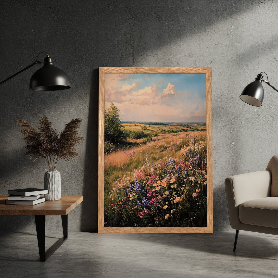 Framed Poster of a vibrant field landscape in a classic painting style. Soft pastel color palette, perfect for home decor.