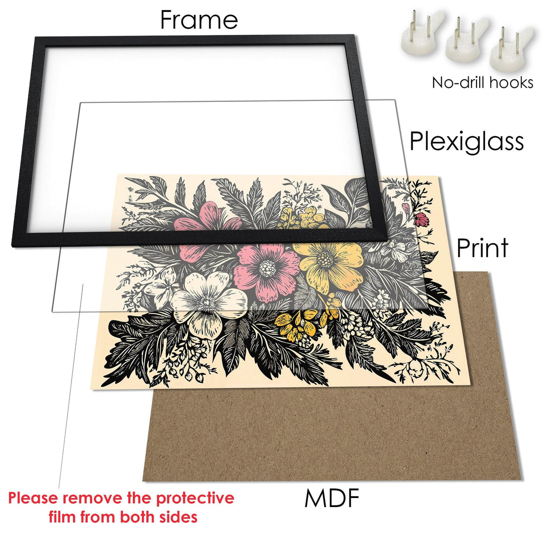 Framed Poster featuring floral art in black, pink, and yellow hues. A stylish addition to your home decor!