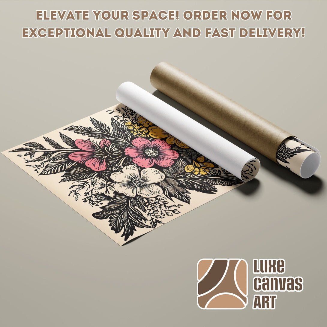 Floral Poster Roll in black, pink, and yellow tones. Elevate your space with this art!