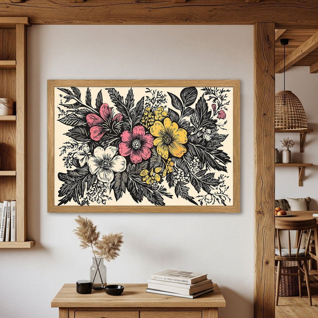 Framed Poster featuring a floral design in black, pink, and yellow on a cream background. Perfect wall art for any room!
