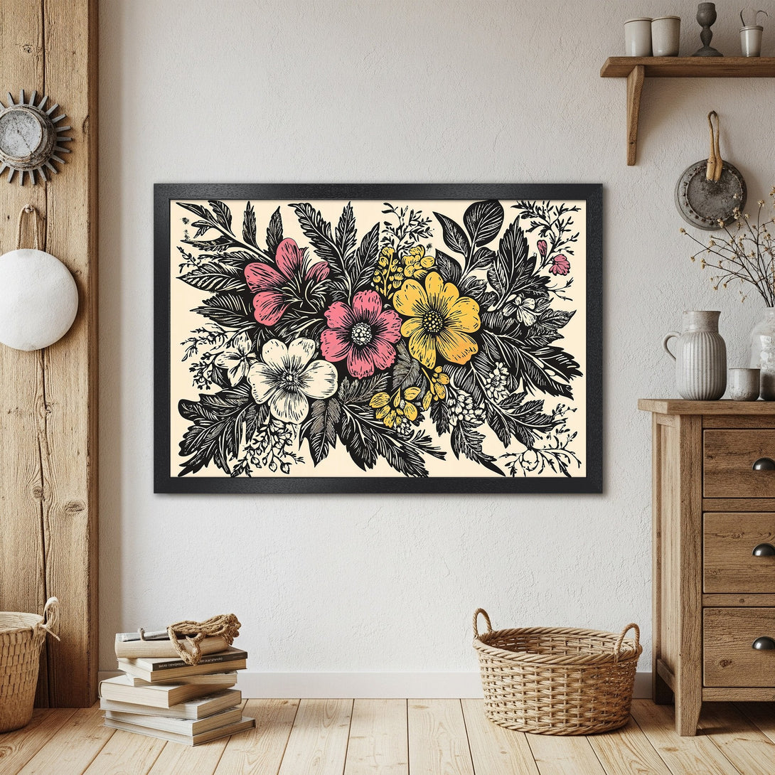 Framed Poster featuring a floral design in a black and cream color palette, perfect wall art for your home.