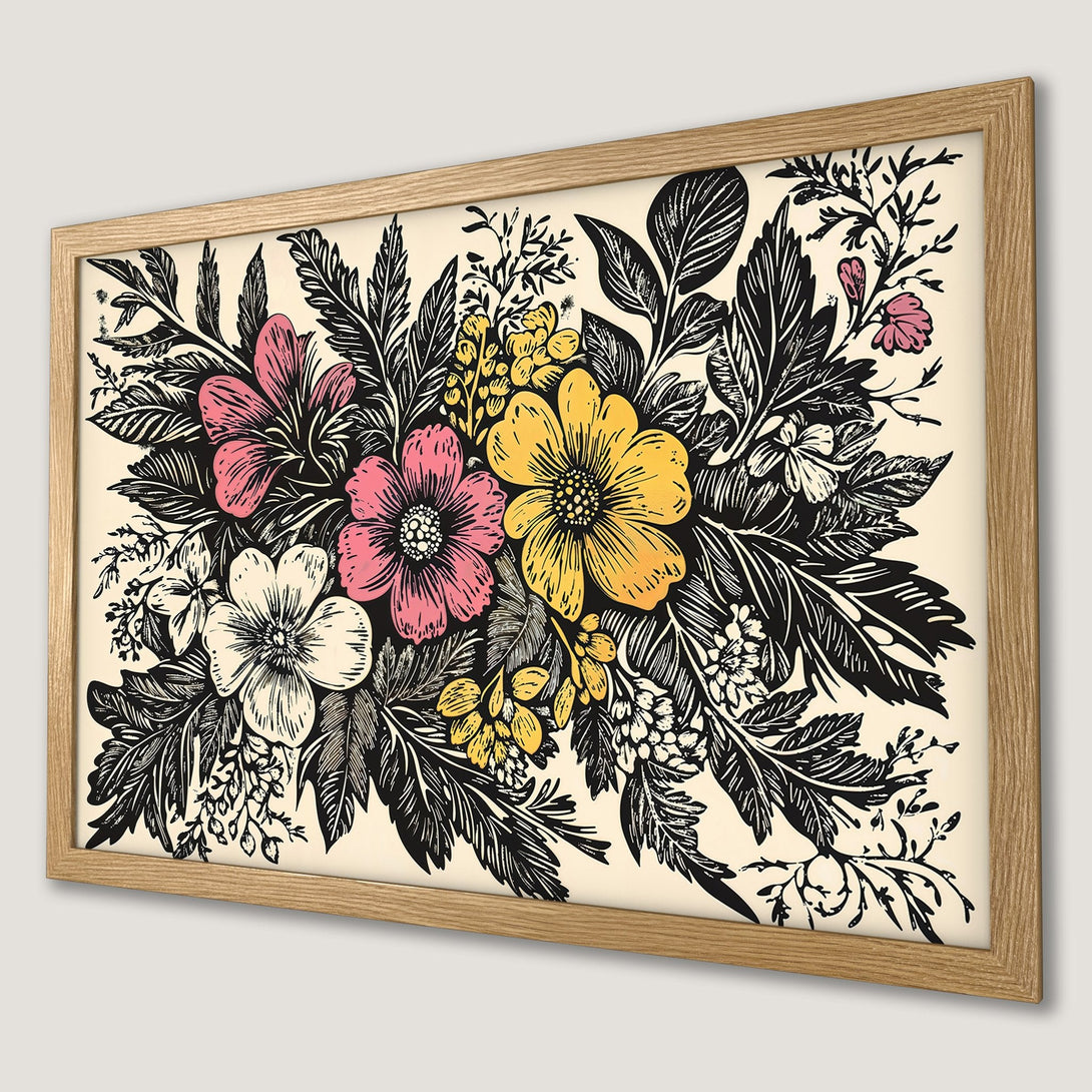 Framed Poster featuring floral illustration in black, pink, yellow, and cream. Perfect wall art for your home.