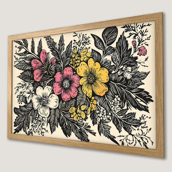 Framed Poster featuring floral illustration in black, pink, yellow, and cream. Perfect wall art for your home.
