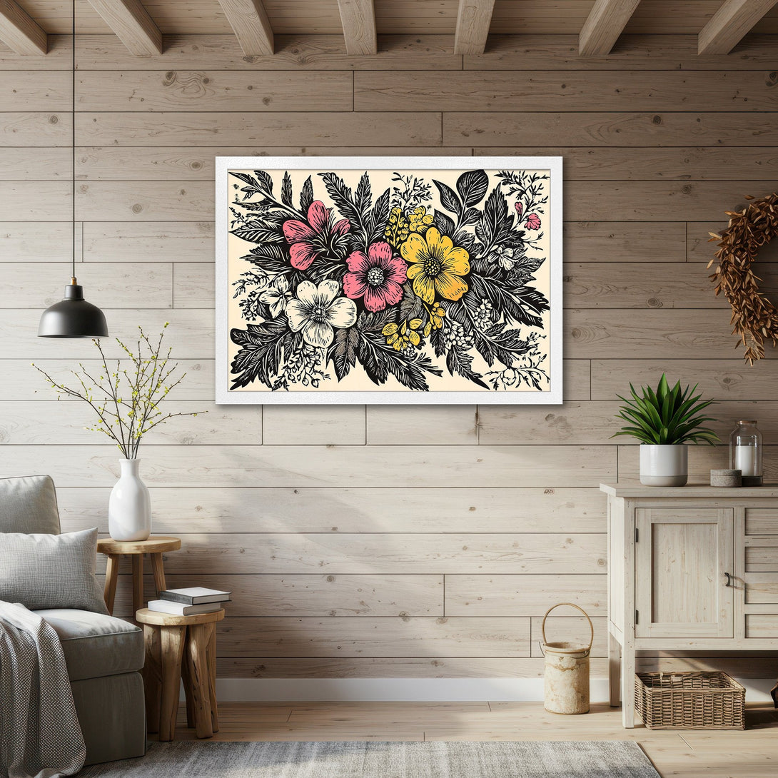 Framed Poster featuring a floral illustration in a black and white linocut style with pops of pink and yellow. Perfect wall art!
