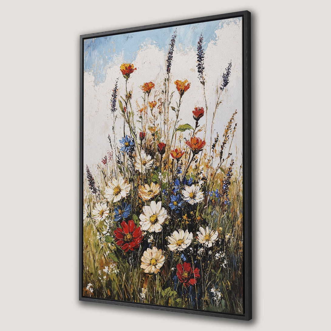 Framed Wall Art: Impressionist floral painting with vibrant wildflowers in red, white, blue, and yellow against a textured background. Perfect for adding a touch of nature!