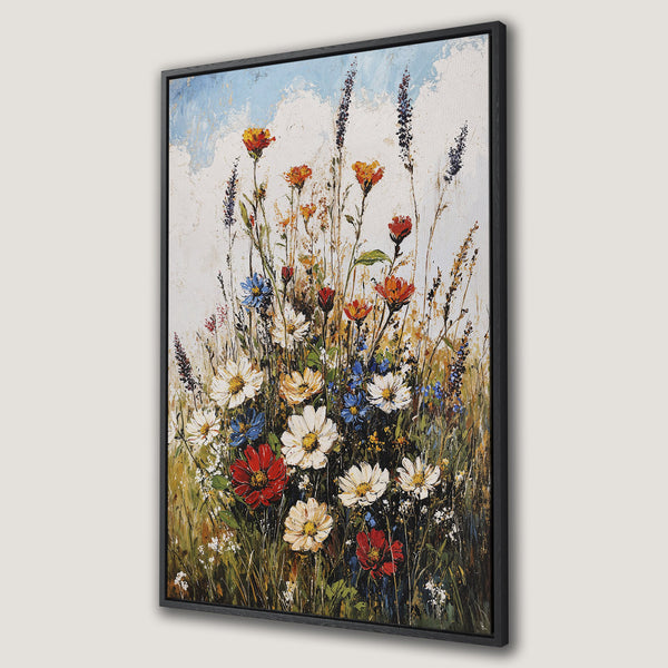 Framed Wall Art: Impressionist floral painting with vibrant wildflowers in red, white, blue, and yellow against a textured background. Perfect for adding a touch of nature!