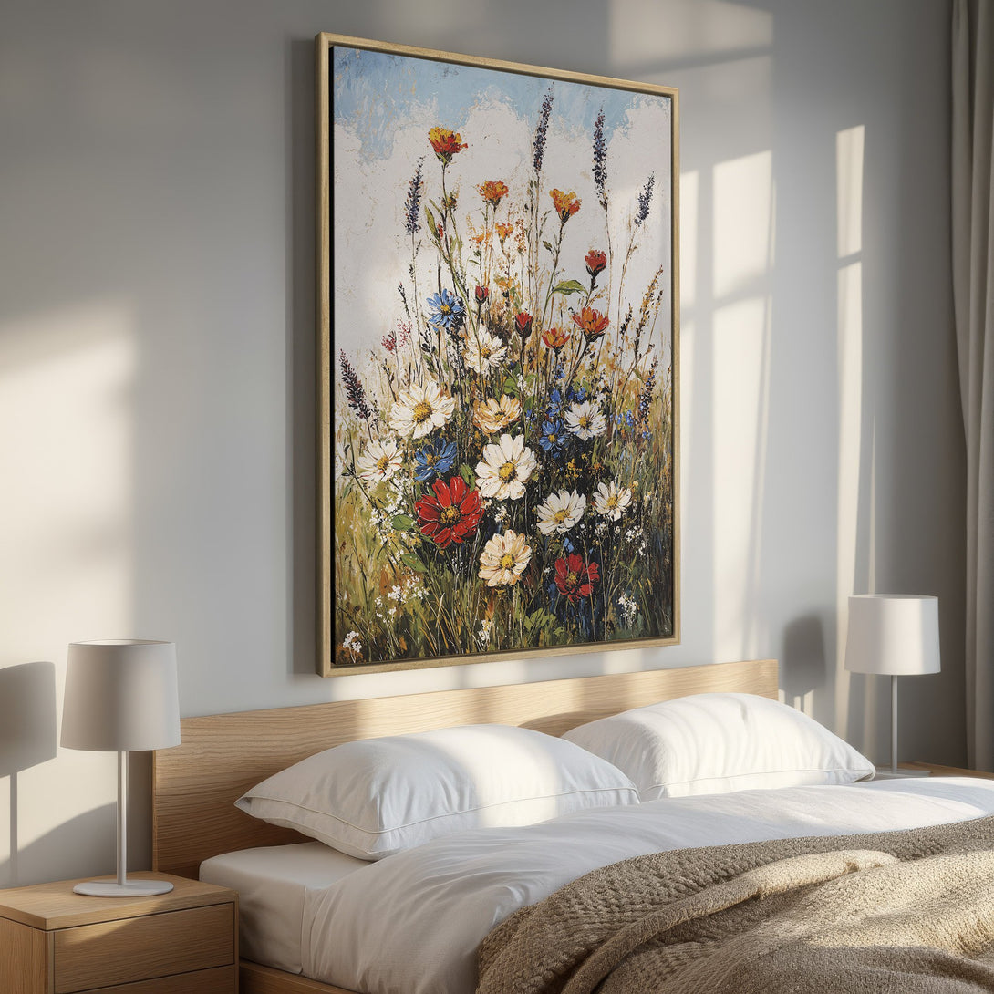 Framed Wall Art: Floral painting with vibrant wildflowers. Adds a touch of nature and color to any bedroom. Features a warm, earthy color palette.