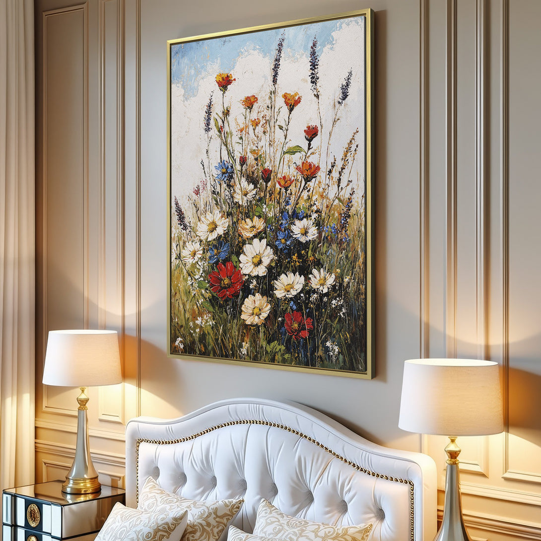 Canvas Print of a vibrant floral painting, featuring wildflowers in a warm, colorful palette. Perfect wall art for a cozy living room.