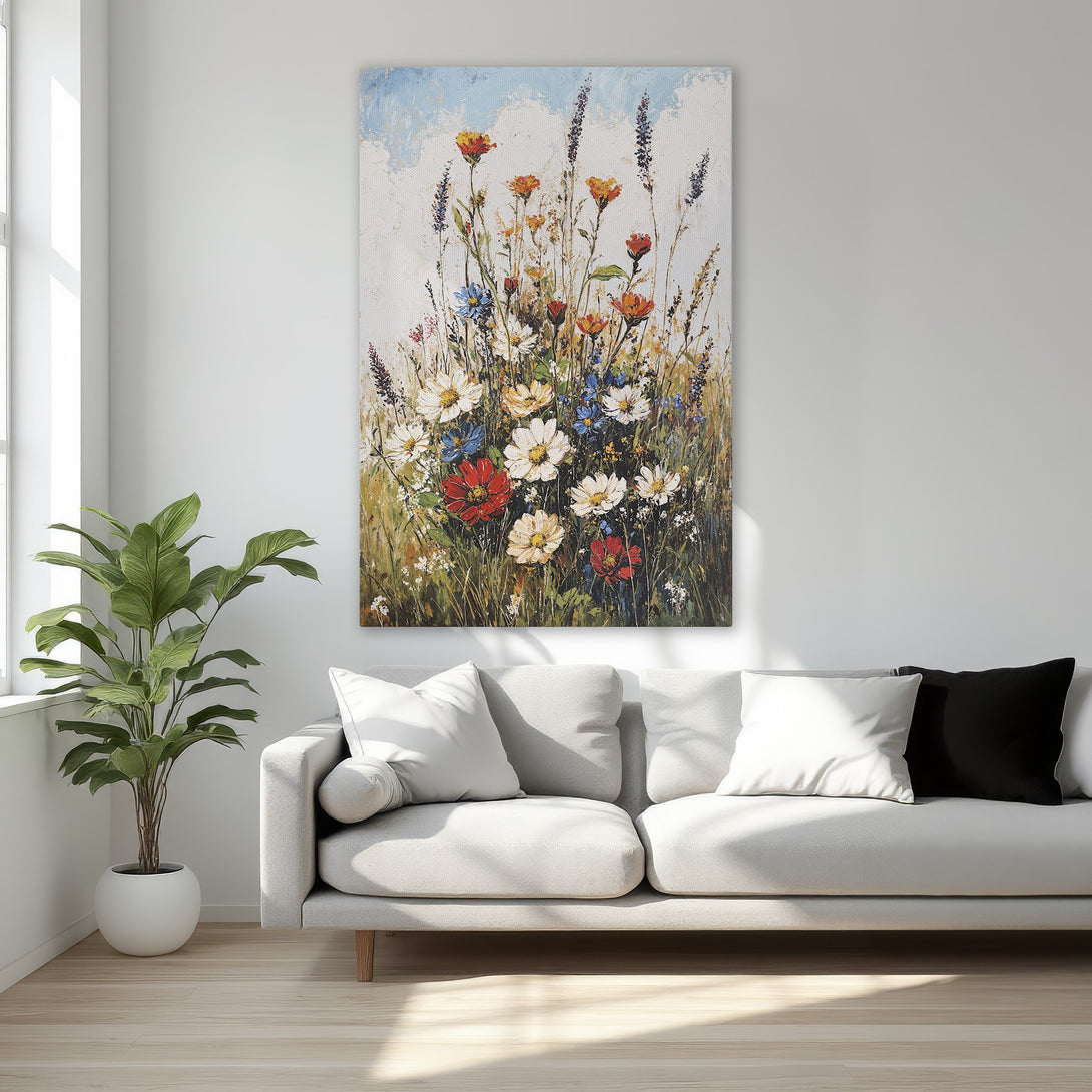 Framed Wall Art Canvas Print of vibrant floral painting. Warm color palette with pops of red, blue, and white. Perfect for adding elegance to any room.