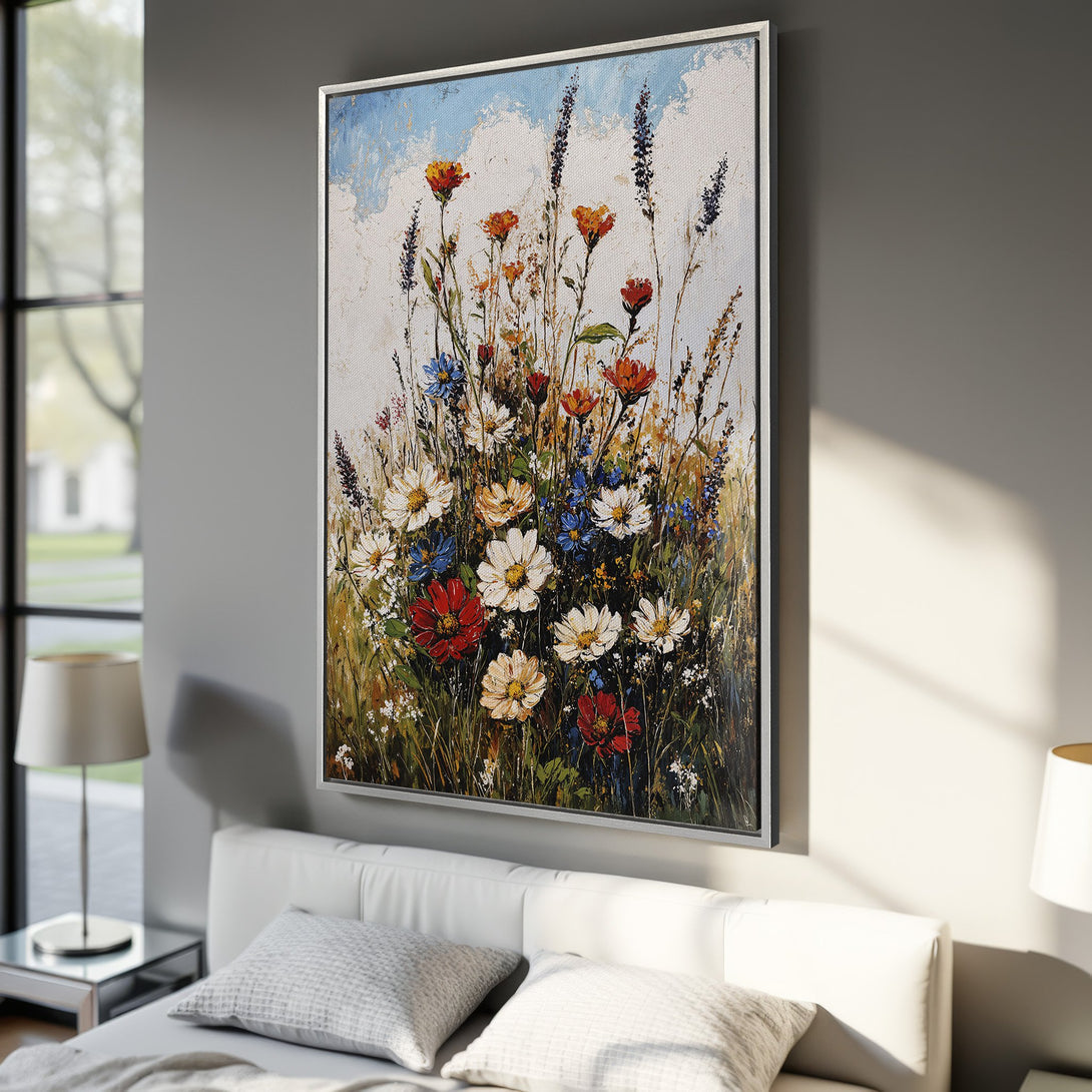 Framed Wall Art Canvas Print of vibrant wildflowers in a painterly style. Features a warm, colorful palette of reds, oranges, blues, and greens.
