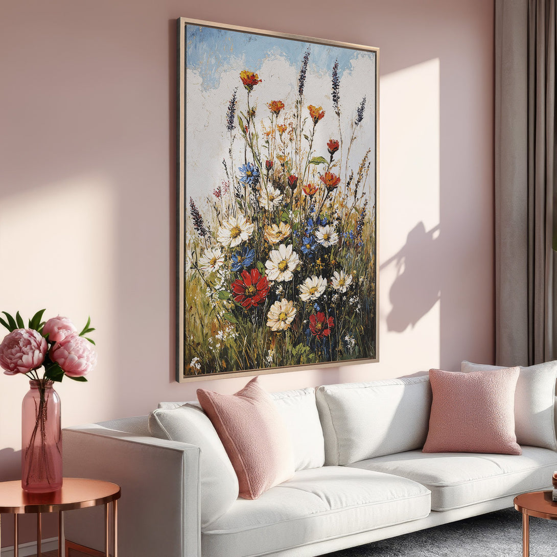 Framed Wall Art featuring a vibrant floral painting with a warm color palette, displayed in a cozy living room setting. Perfect for adding a touch of elegance.