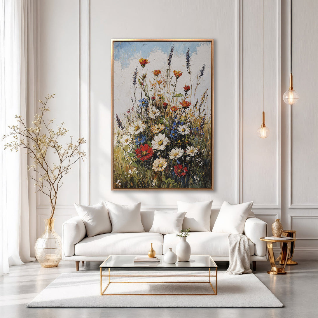 Framed Wall Art: Floral painting in a modern living room. Features a vibrant wildflower meadow with a warm, colorful palette. Elevate your space with art!