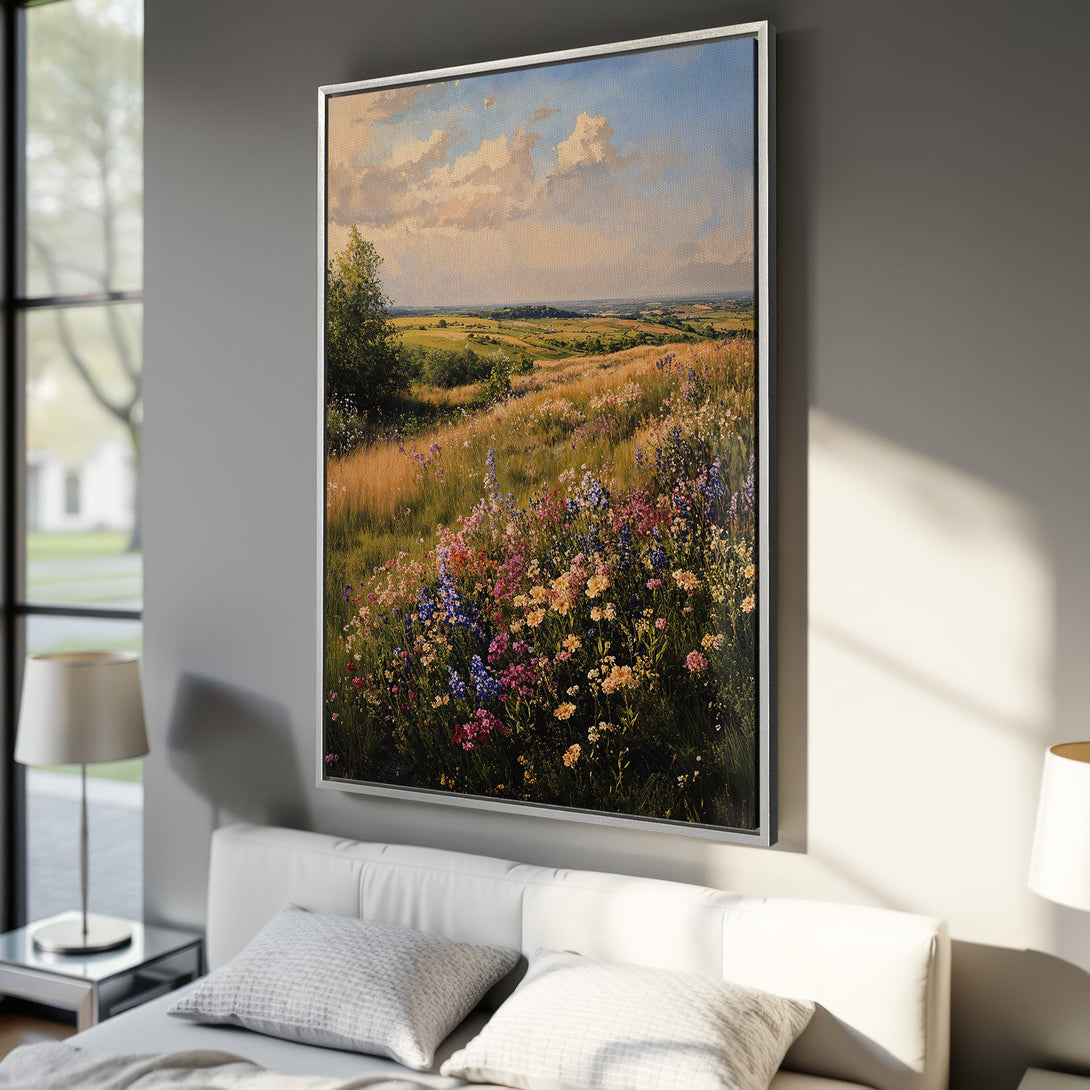 Framed Wall Art of a vibrant wildflower meadow landscape. Impressionistic style with warm, natural colors: blues, yellows, greens, and pinks. Perfect for adding a touch of nature.