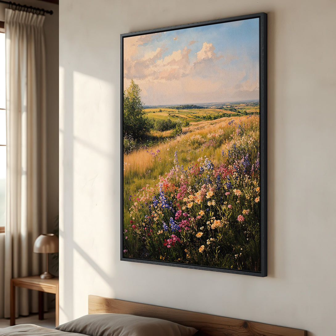 Framed Wall Art: Impressionist landscape canvas print with wildflowers in a vibrant, warm color palette. Perfect for adding a touch of nature to your home.