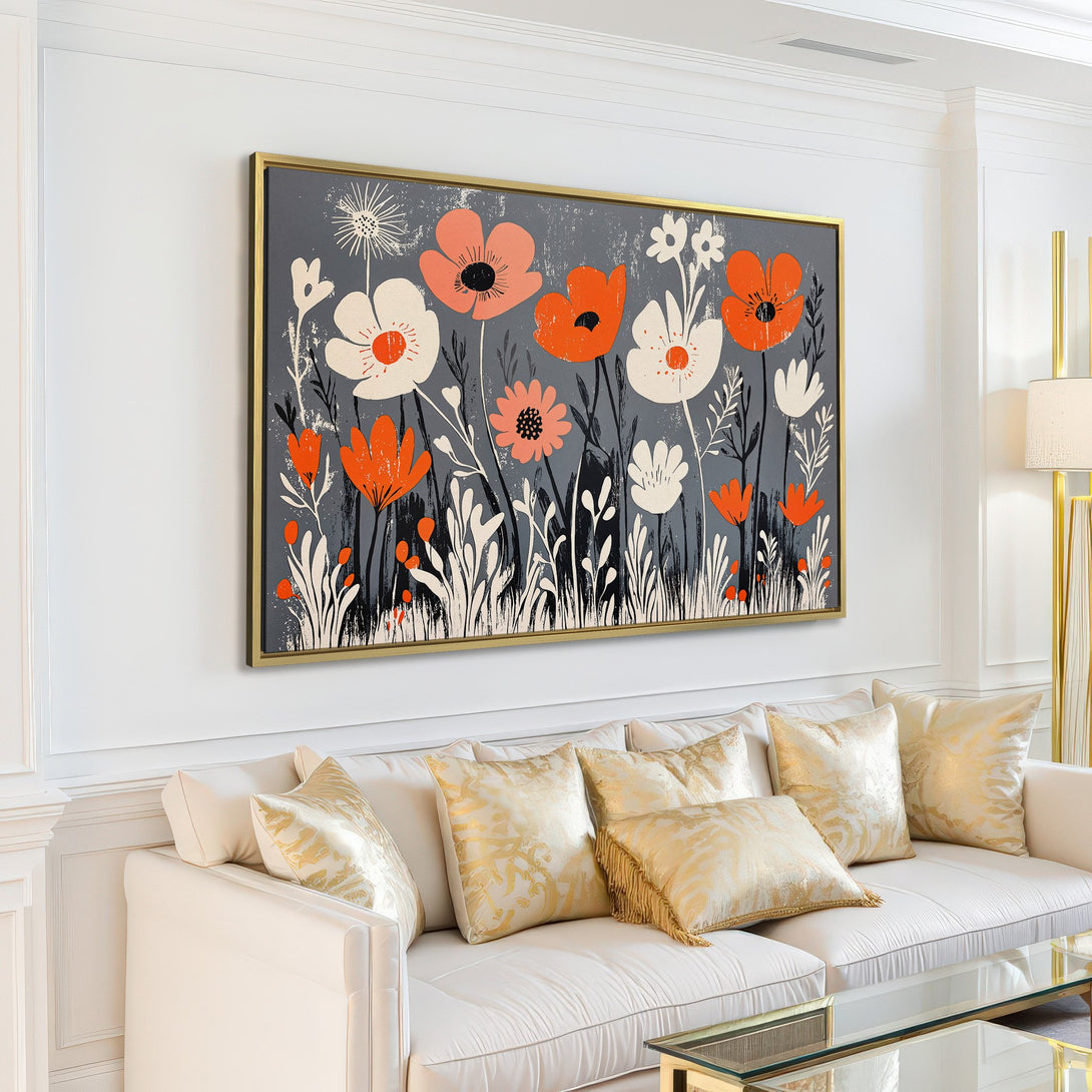 Canvas Print featuring a floral abstract design in orange, white, and gray. Modern wall art perfect for living room decor.