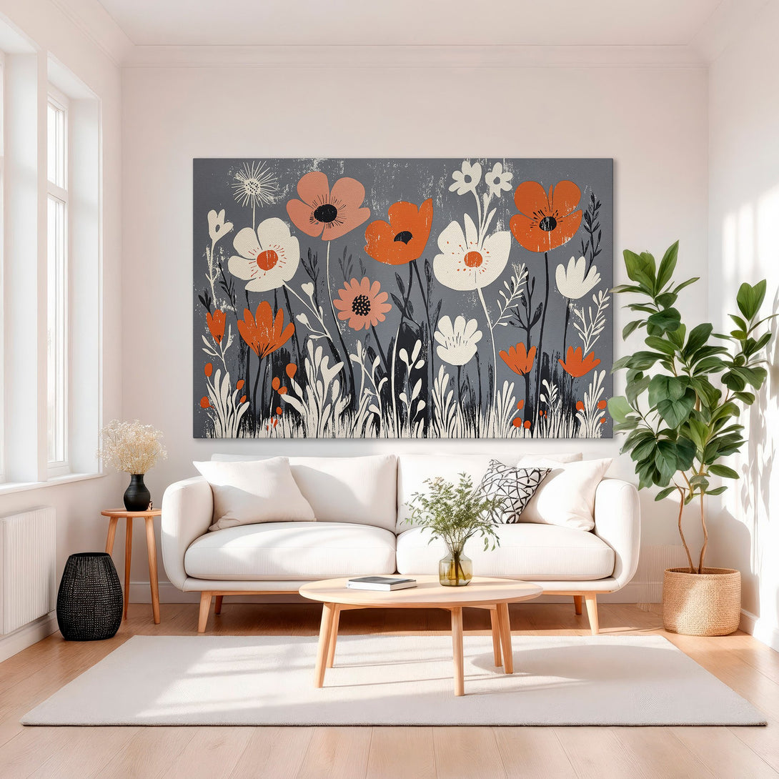 Framed Wall Art: Modern floral print in orange, white, and gray. Stylish canvas art adds color and elegance to any interior decor. Shop now!
