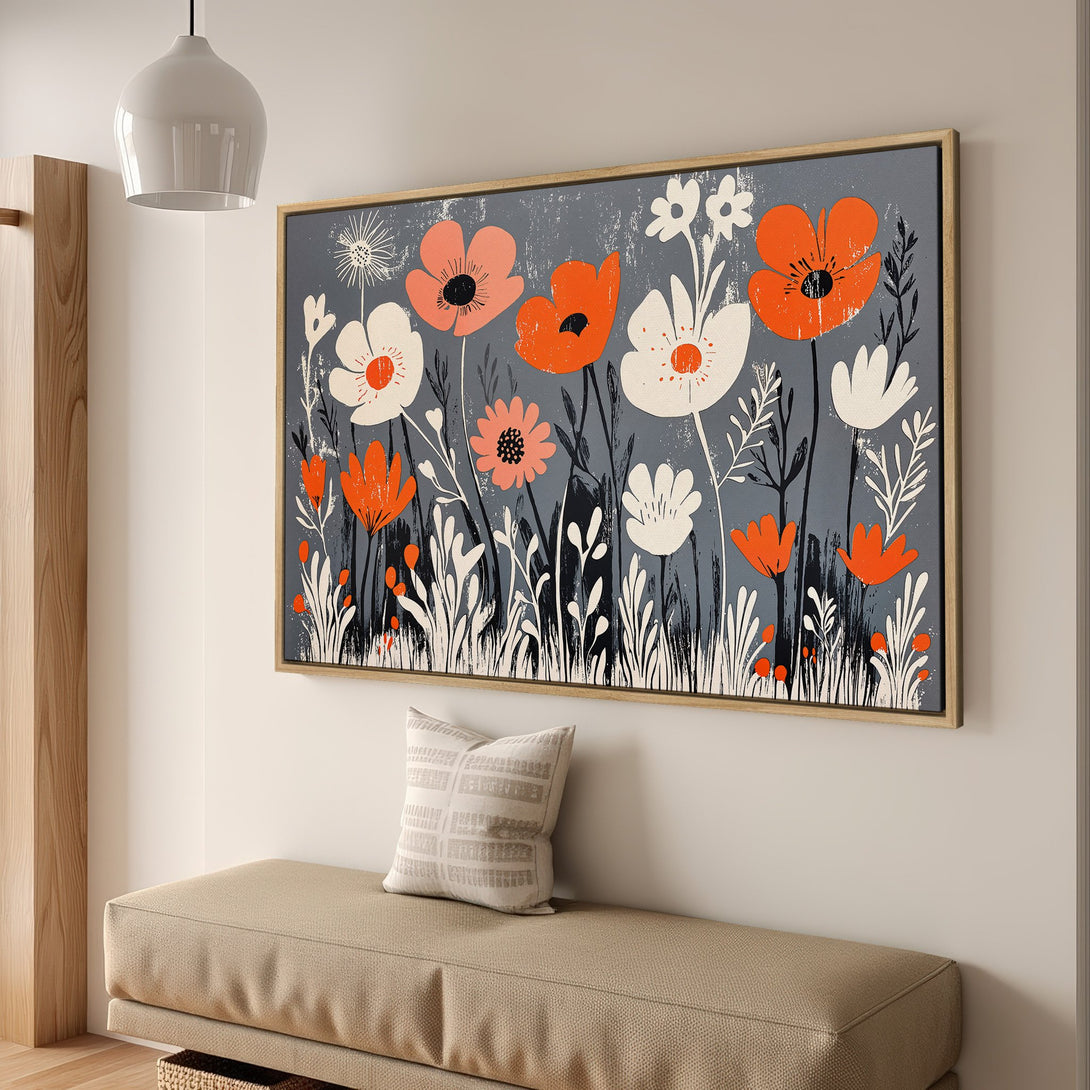 Framed Wall Art: Modern floral print with orange, white, and gray flowers. Stylish canvas art for home decor.