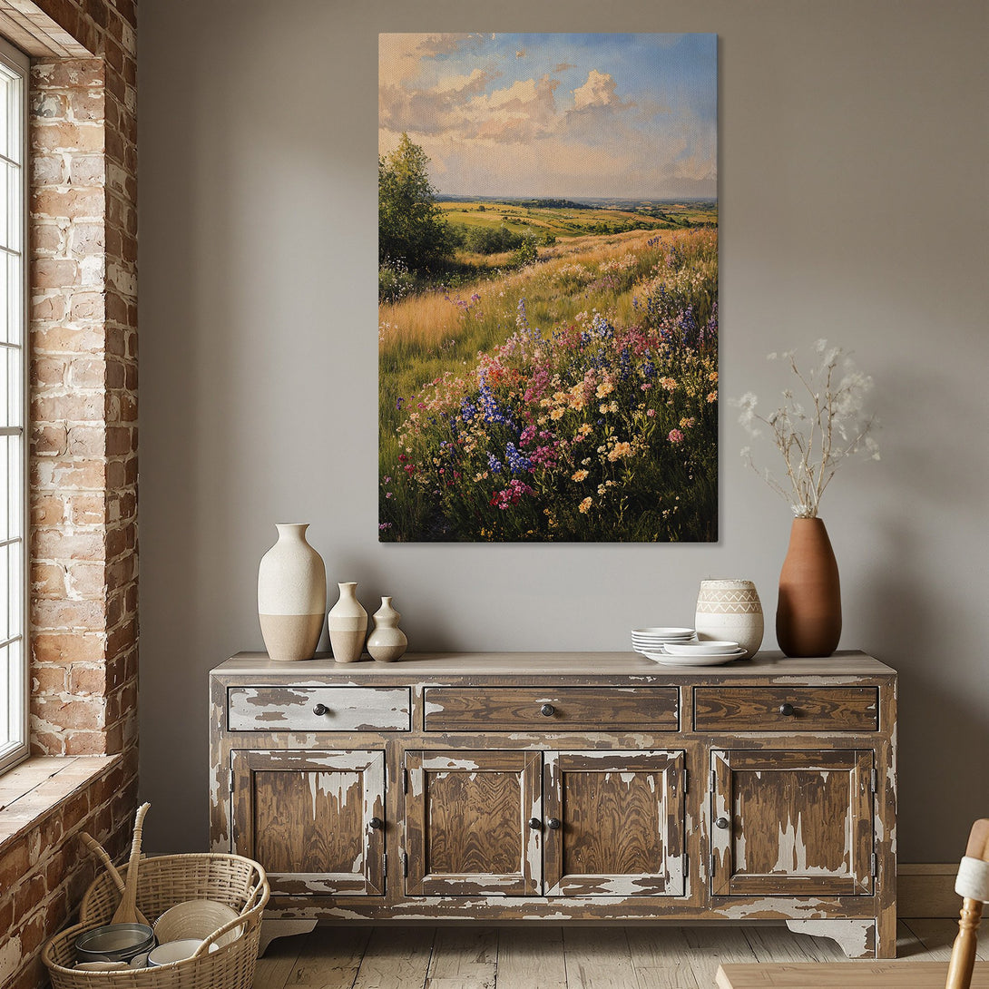 Framed Wall Art of a vibrant meadow landscape in a dining room. Warm, colorful impressionist style with a gold frame. Perfect for home decor.