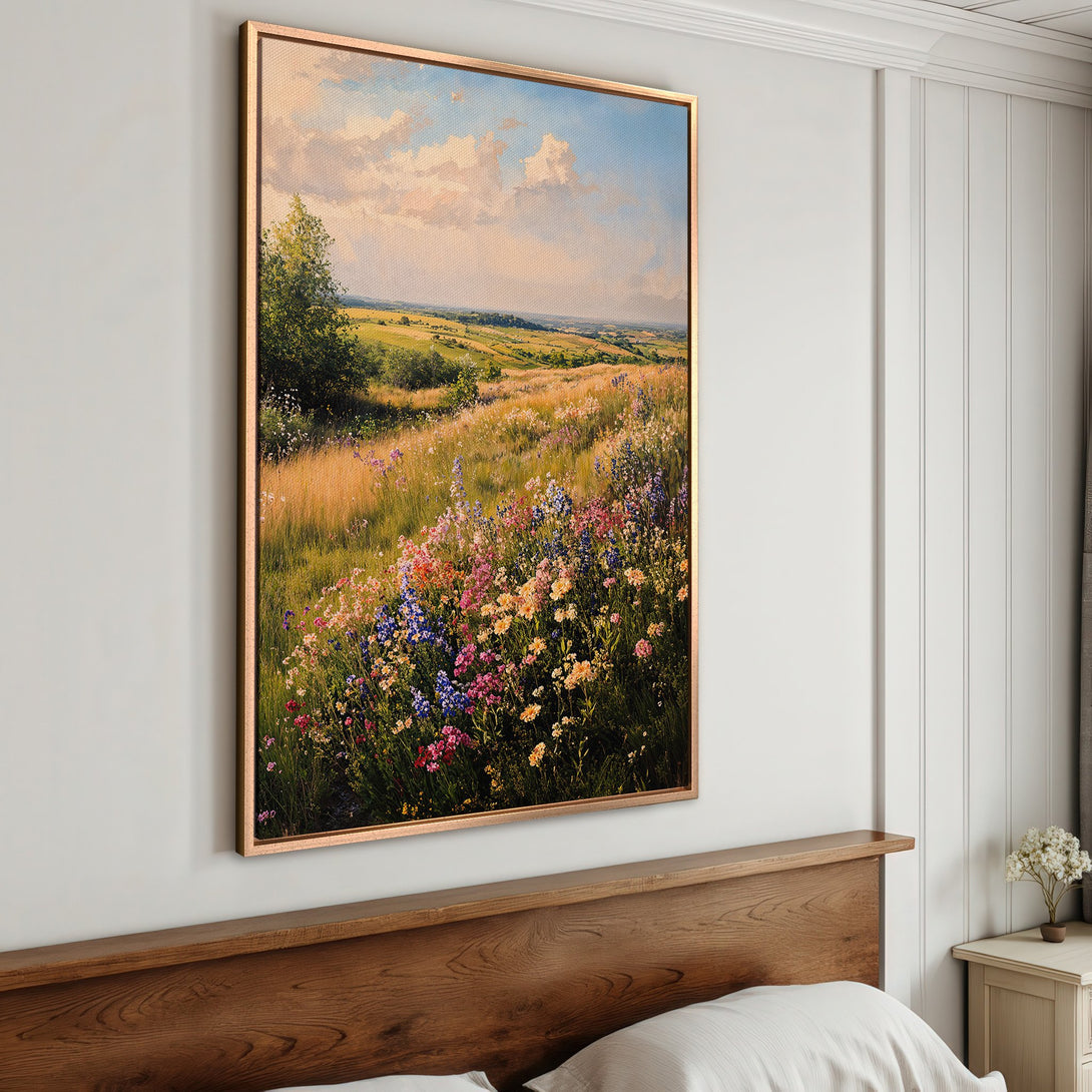 Framed Wall Art: Landscape painting with wildflowers. Impressionistic style, featuring a warm, colorful palette of blues, greens, and yellows. Perfect for your bedroom!