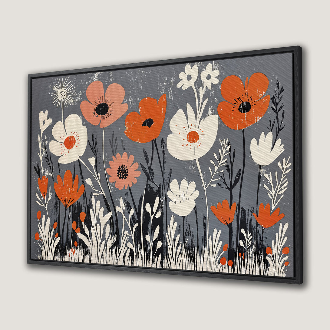 Framed Wall Art featuring a vibrant floral design in a modern, retro style. The canvas print showcases a warm color palette of orange, white, and gray.