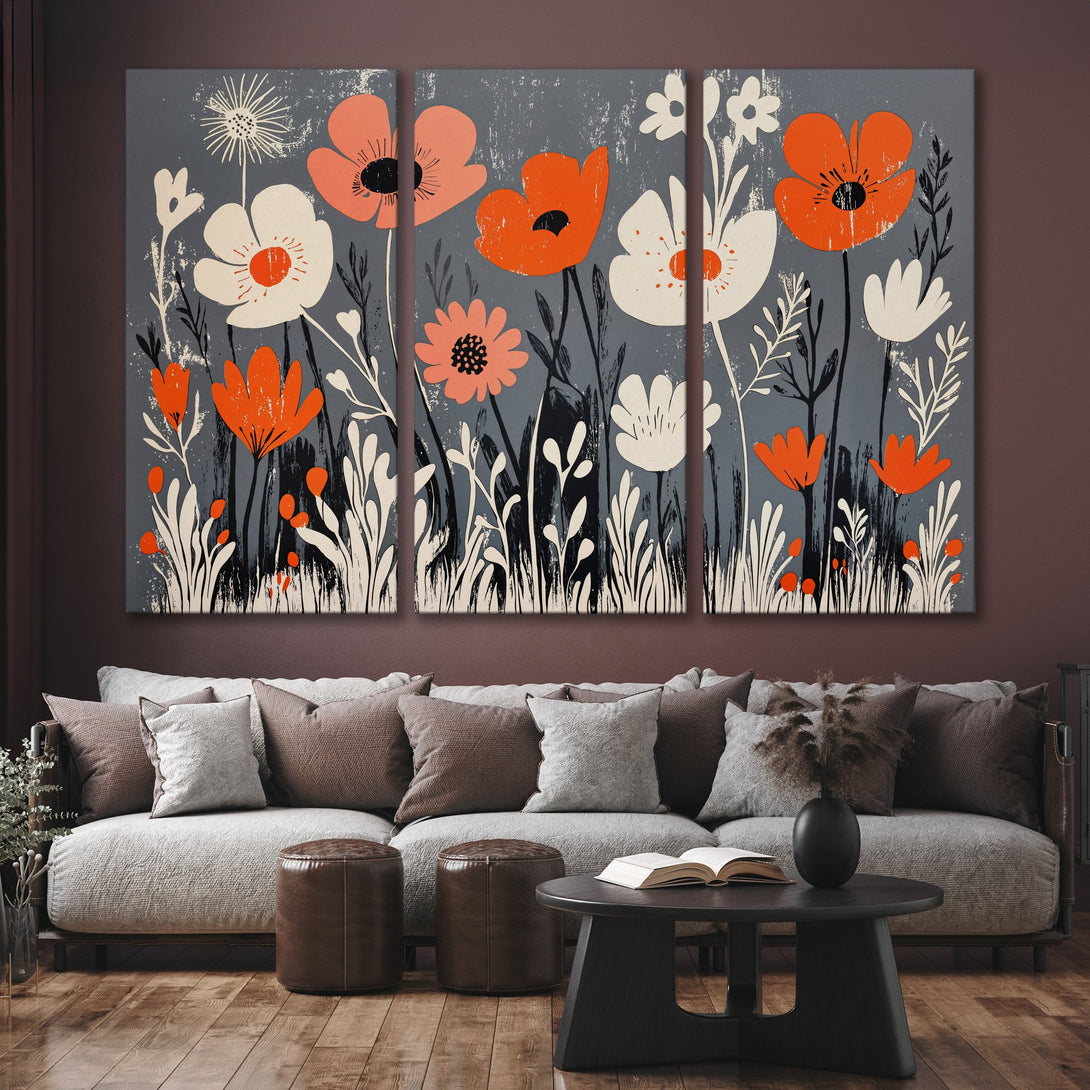 Canvas Print of abstract floral art in orange, white, and gray. Modern style wall decor for living room.