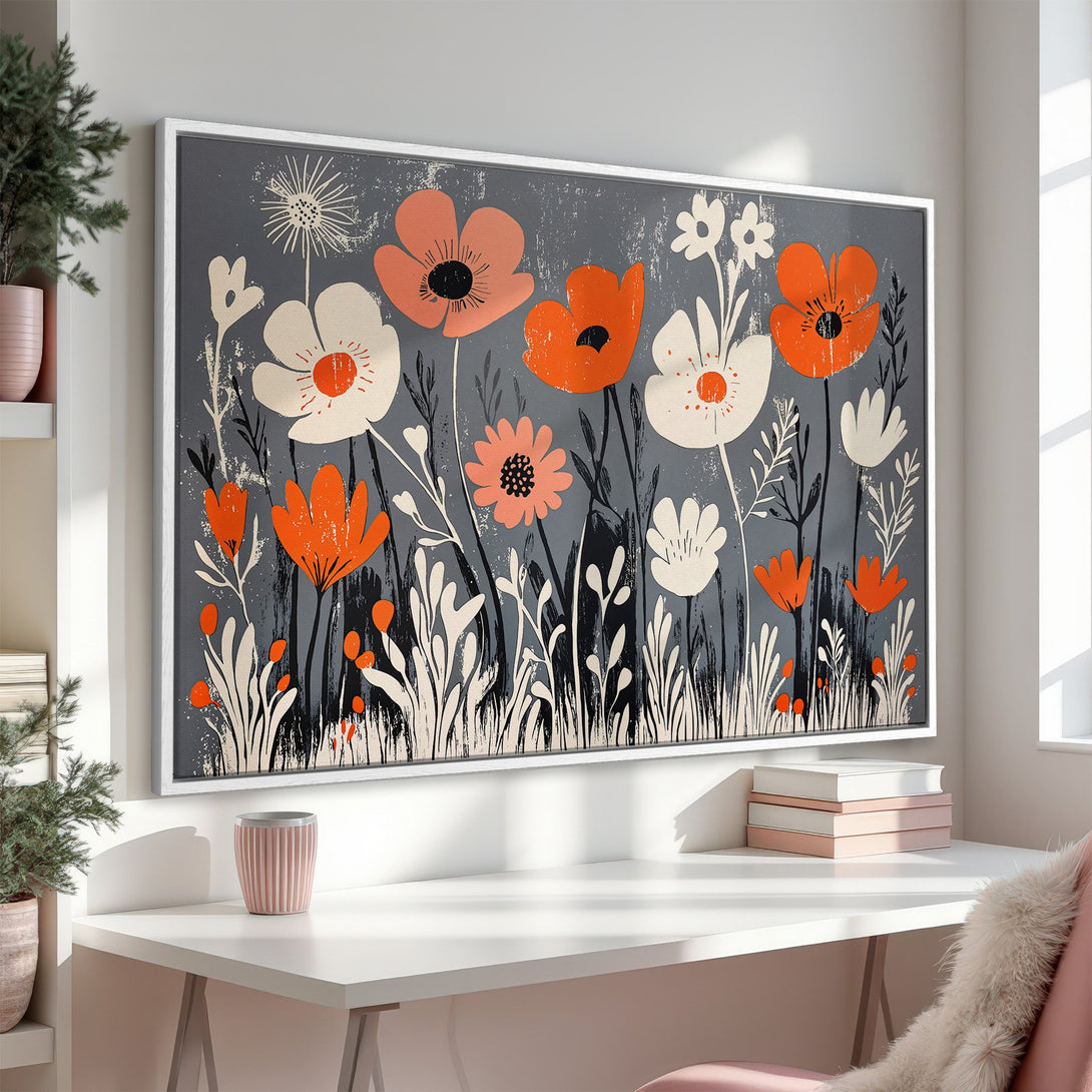 Framed Wall Art featuring stylized floral design in orange, white, and gray. Modern art print perfect for adding a pop of color to your home.