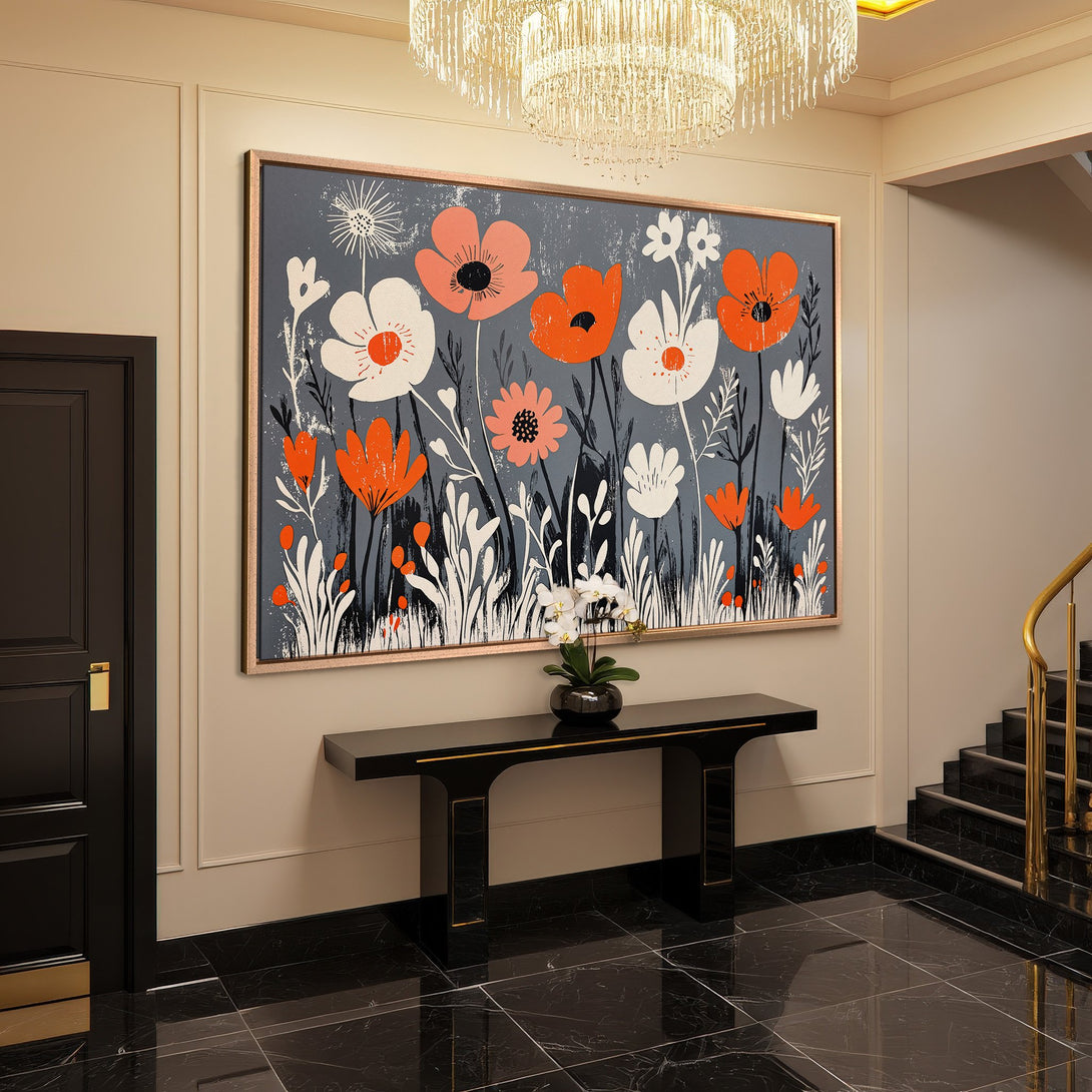Framed Wall Art featuring vibrant floral art in a modern style. Orange, white, and gray color palette. Perfect for adding a pop of color to your home.