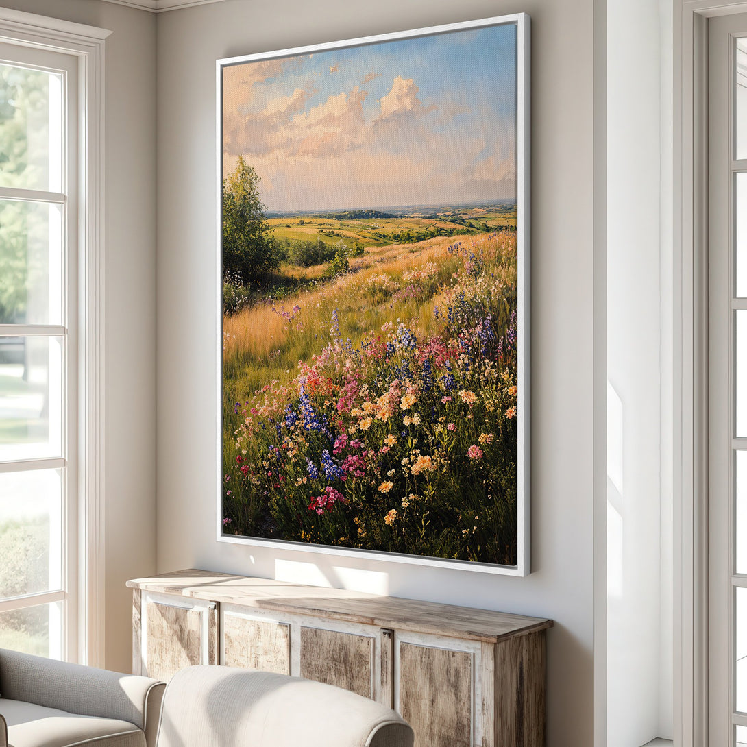 Framed Wall Art of a vibrant wildflower meadow. Impressionist style with warm, natural tones. Perfect for adding a touch of nature to your home.