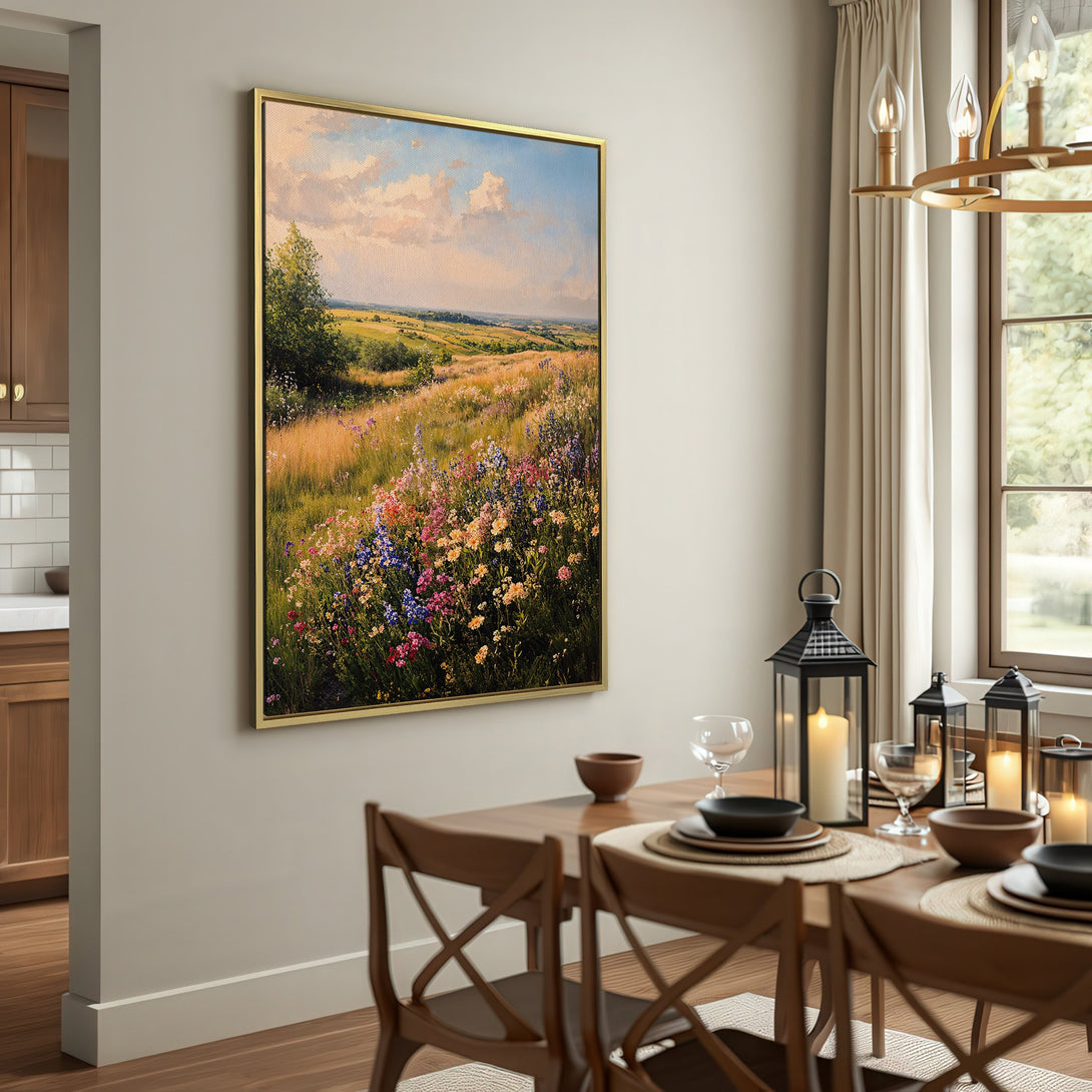 Canvas Print of a vibrant wildflower meadow landscape. Warm, earthy tones create a serene, rustic feel. Perfect wall art for a cozy home.