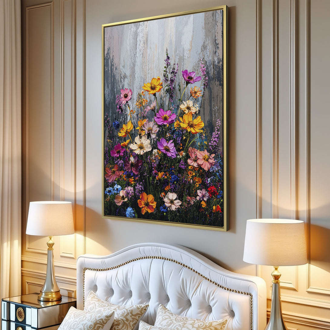 Canvas Print of vibrant floral artwork with a textured, impressionistic style. Features a colorful palette of yellows, pinks, and blues, perfect for adding a pop of color.