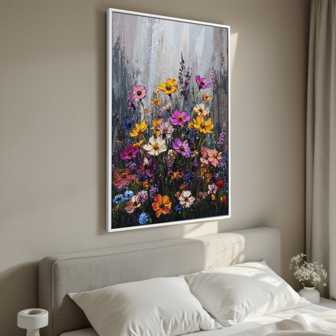Framed Wall Art: Vibrant floral painting with a textured style. Features a colorful palette of pinks, yellows, and purples. Perfect bedroom decor.