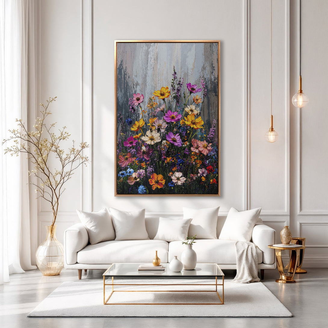 Framed Wall Art: Vibrant floral painting in a modern living room. Colorful blooms pop against a neutral gray background. Perfect art for a stylish home.