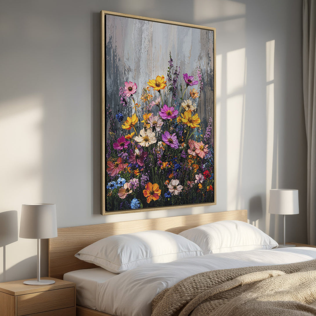 Framed Wall Art featuring a vibrant floral painting with a colorful palette. Perfect for adding a touch of nature and art to your bedroom decor.