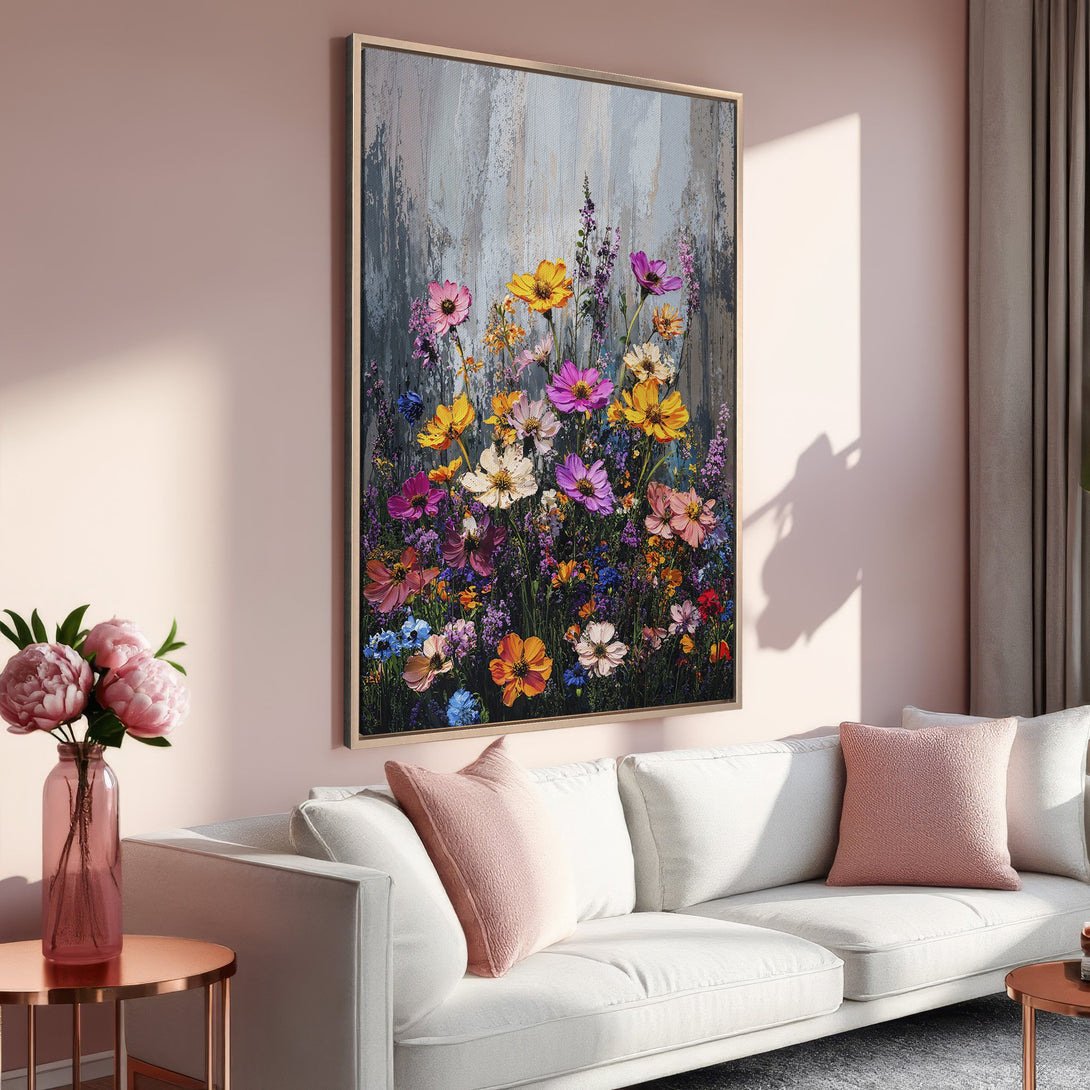 Framed Wall Art: Vibrant floral painting with a colorful palette of pinks, yellows, and purples. Adds a touch of elegance to any interior.