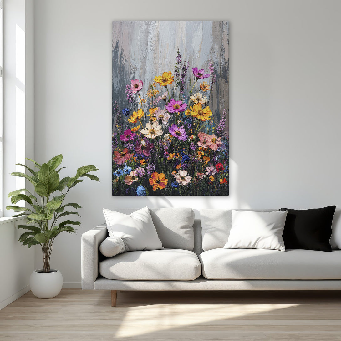 Framed Wall Art: Vibrant floral painting with a gold frame. Colorful wildflowers on a textured gray background. Perfect for adding a pop of color to your space.