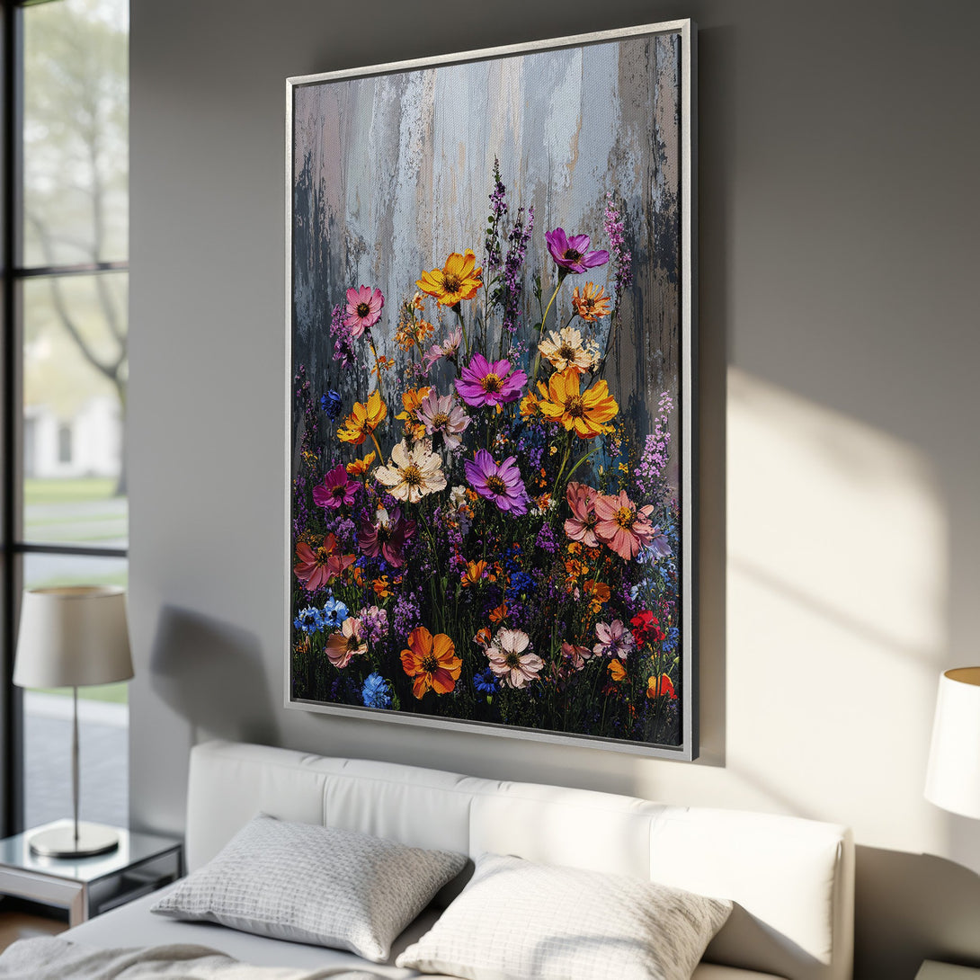 Framed Wall Art: Vibrant floral painting in a bedroom. Colorful wildflowers burst from the canvas against a textured background. Adds a pop of color to any space.