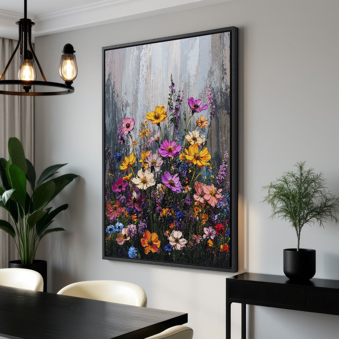 Framed Wall Art featuring vibrant floral painting in a colorful palette. Perfect for adding a touch of art and style to your home decor.